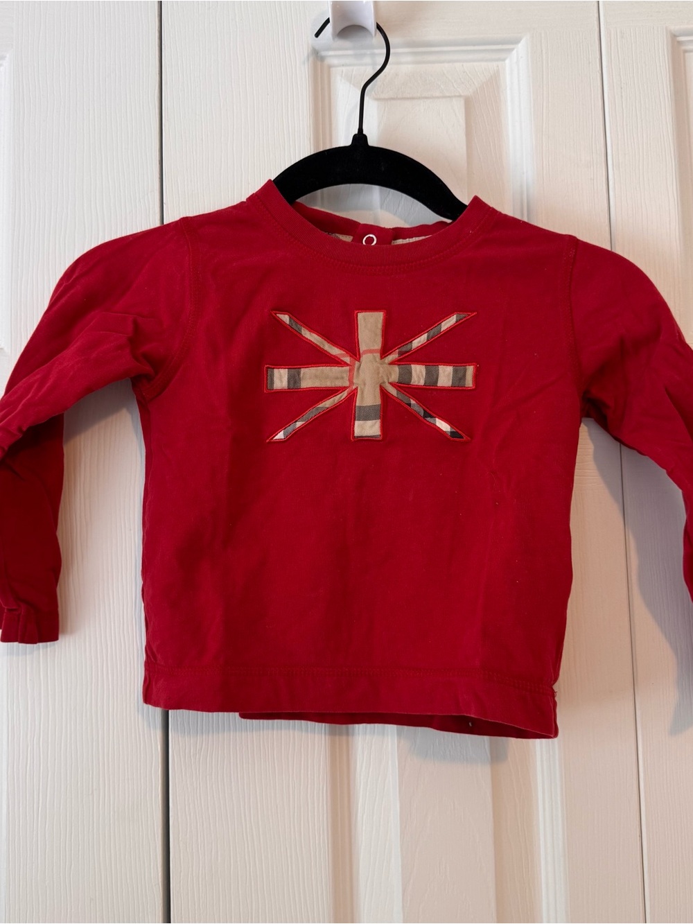 Burberry Red Long-Sleeve Tee with Signature Check Appliqué